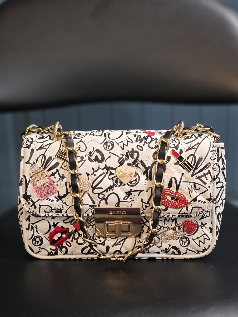 ALDO White Graffiti Quilted Chain Shoulder Bag with Lip & Heart Charms